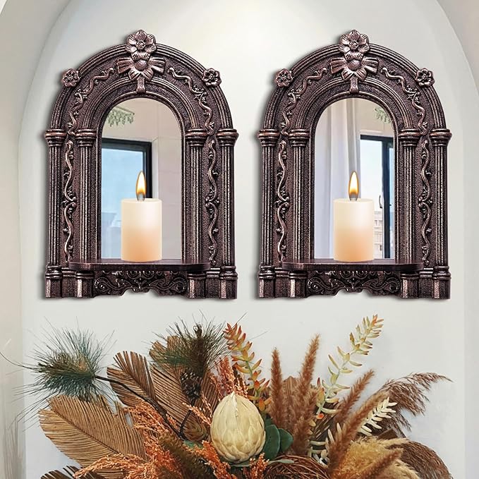 Three-Dimensional Relief Candle Sconces Set 2 Rustic Wall Mount Candle Holders Wood Hanging Wall Decor Mirrored Wall Art Hand Carved Home Decoration