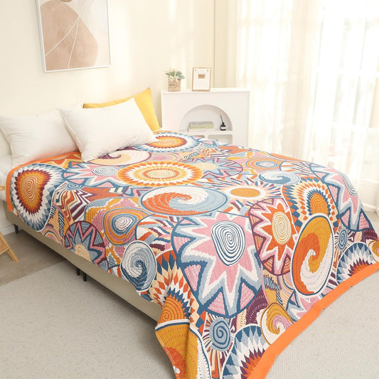Snycler Boho Throw Blanket for Bed - 100% Cotton Ultra Soft Rustic Quilt Fall Blanket - Orange Floral Printed Farmhouse Decor Bed Blankets, 80"×90" All Season Rustic Throw for Sofa Couch Chair