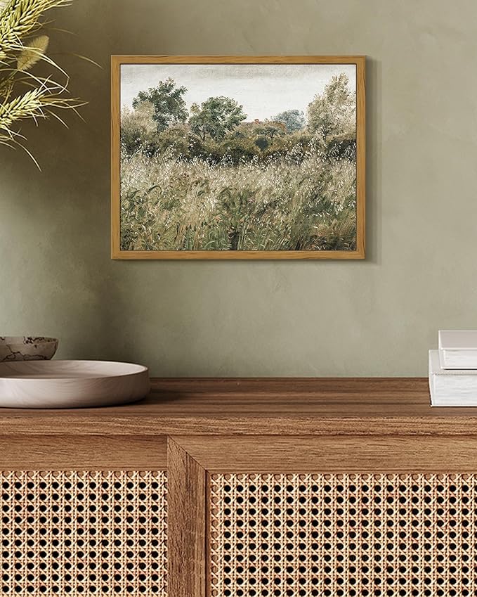 SHENIFY Vintage Landscape Framed Wall Art Meadow Scenery Farmhouse Decor Retro Painting for Living Room Bedroom Ready to Hang Wall Artwork - 8x10in Natural Framed