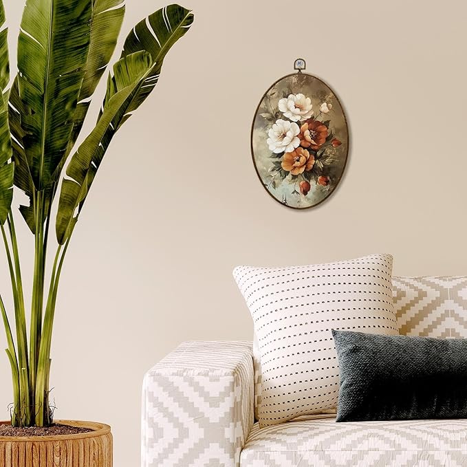 JQF Vintage Floral Oval Wall Decor, Cottagecore Floral Oval Canvas Wall Art, Farmhouse Retro Flower Botanical Framed Prints Hanging Decor for Home Bedroom Living Room Office, 8.5x11.5 Inch