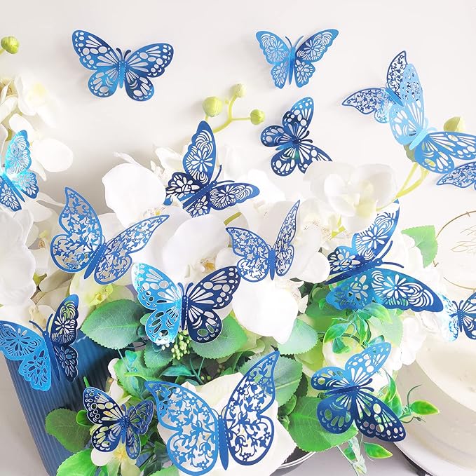 72 Pcs 3D Butterfly Wall Decor - 3 Styles, 3 Sizes, Blue, Wedding & Birthday Party Decorations