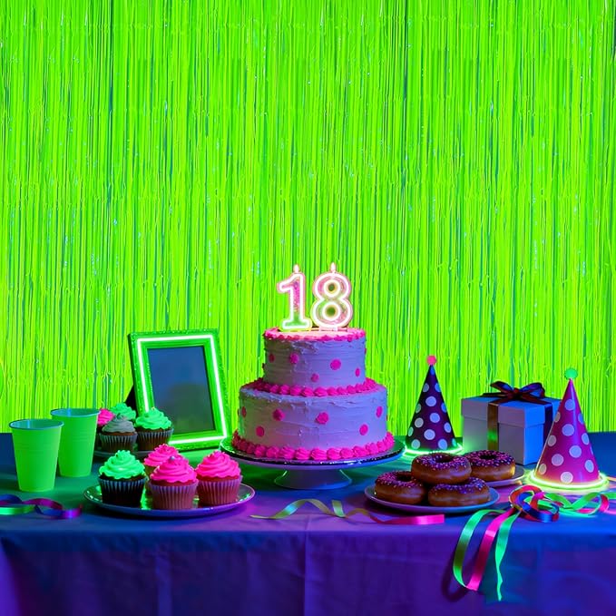 2 Pack Glow in The Dark Party Streamers, Neon Party Decorations Fluorescent Macaron Yellow Tinsel Foil Fringe Curtains, Photo Booth Prop Backdrop Streamers, Birthday Halloween Party Decorations