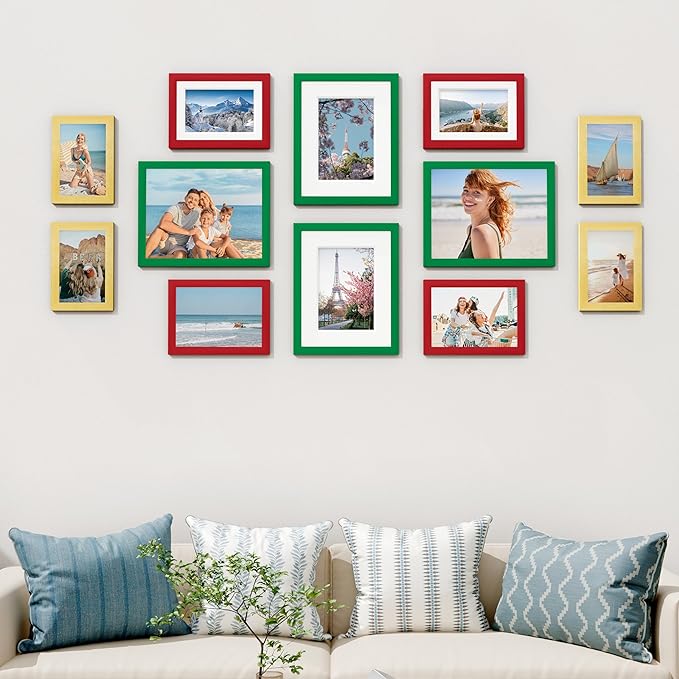 Vittanly 12 Pack Picture Frames Collage Wall Decor for Mounting or Tabletop Display, Gallery Wall Frame Set for Family, Multi Sizes Including 4pcs 8x10, 4pcs 5x7, 4pcs 4x6, Green & Red & Gold