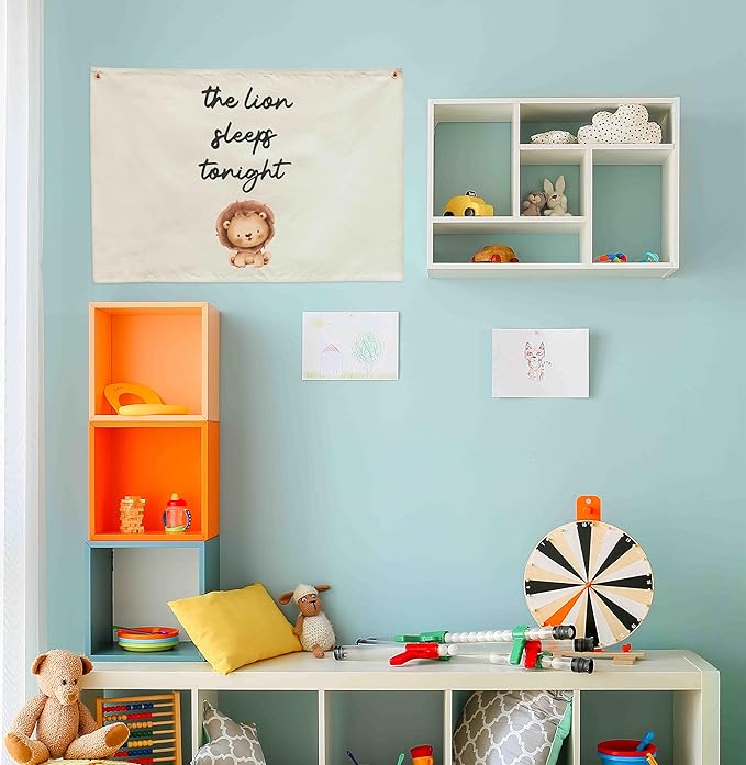 Nursery Rectangular Canvas Banner Wall Decor for Nursery Bedroom Decor-Poster Flag Sign Wall Art for Baby Toddler Kids,Baby Shower Birthday Easter Christmas Gift-The Lion Sleeps Tonight
