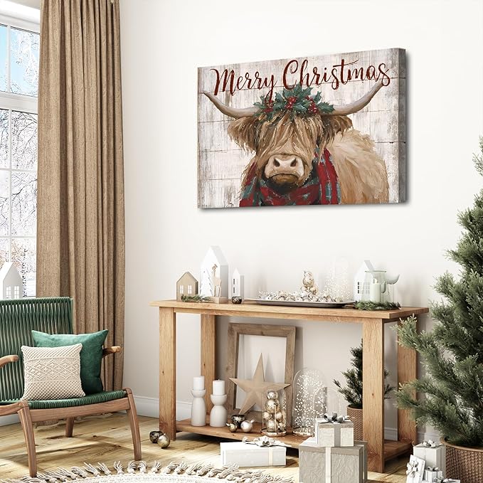 Christmas Cow Pictures Wall Decor Merry Christmas Sign Canvas Wall Art Vintage Longhorn Highland Poster Painting Rustic Farmhouse Animal Prints Artwork for Living Room Bathroom Home Decorations 24x36"