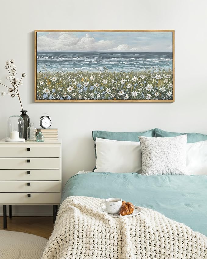 SHENIFY Vintage Landscape Framed Wall Art Sea Coastal Wildflower Field Scenery Farmhouse Decor Retro Painting for Bedroom Living Room Ready to Hang Wall Artwork - 20x40in Natural Framed