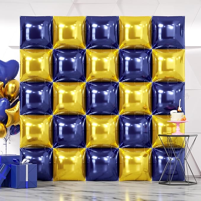 NISOCY 25PCS Blue Gold Square Foil Balloons Wall Backdrop Double Sided Navy Blue Gold Balloons Arch Kit for Birthday Graduation Baby Shower Wedding Anniversary Party Decorations