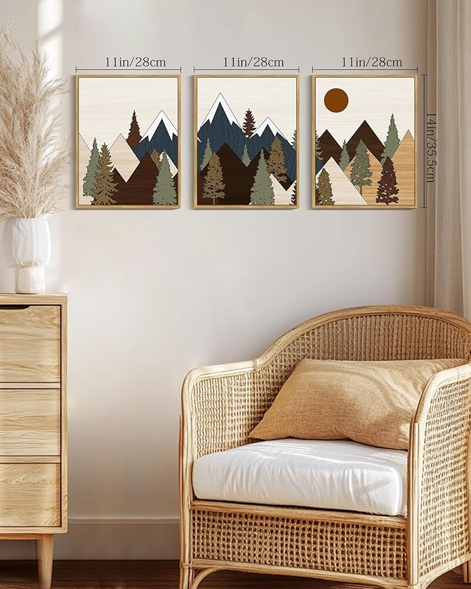Drsoum Morden Mountains Landscape Wall Art Framed Boho Pine Tree Forest Nature Prints Boho Farmhouse Rustic Artwork Hallway Bedroom Ready to Hang 11x14in Natural Framed
