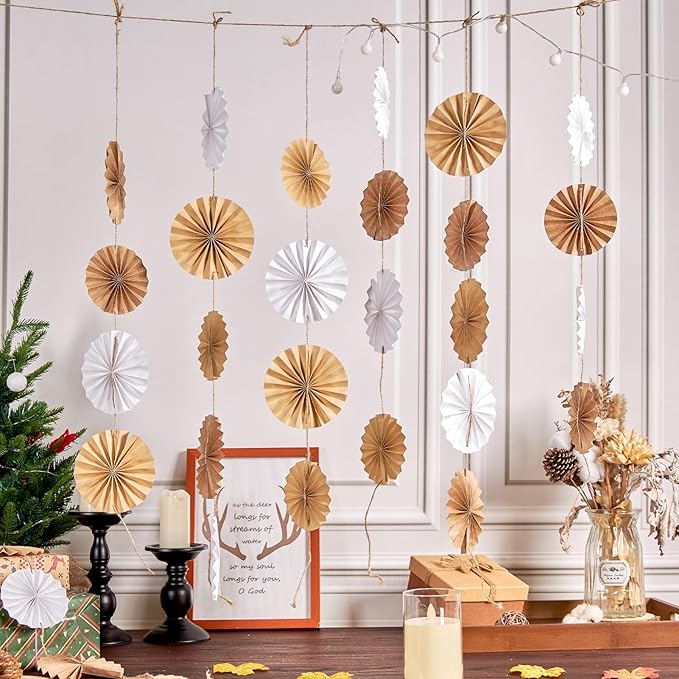 Easy Joy Boho Hanging Paper Fans Neutral Rustic Paper Fans Garland White Brown Party Decorations for Boho Party Baby Shower Birthday Wedding Bridal Classroom Decor