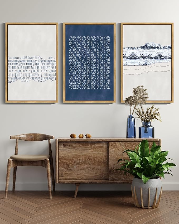 Drsoum Blue Abstract Boho Framed Wall Art Large 16x24in Minimalist Mid-Century Modern Wall Decor Geometric Artwork Kitchen Dining Room Natural Framed
