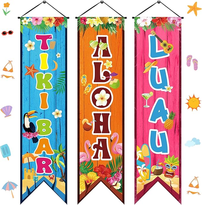 3 Pcs Hawaiian Banners Aloha Luau Porch Sign Tiki Bar Hanging Flag Tropical Welcome Sign Summer Beach Pool Party Decorations Photo Props Backdrop for Outdoor Door Wall Yard Birthday Camping