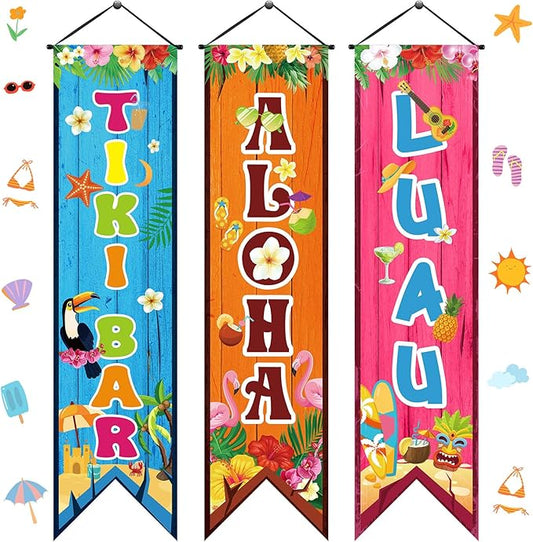 3 Pcs Hawaiian Banners Aloha Luau Porch Sign Tiki Bar Hanging Flag Tropical Welcome Sign Summer Beach Pool Party Decorations Photo Props Backdrop for Outdoor Door Wall Yard Birthday Camping