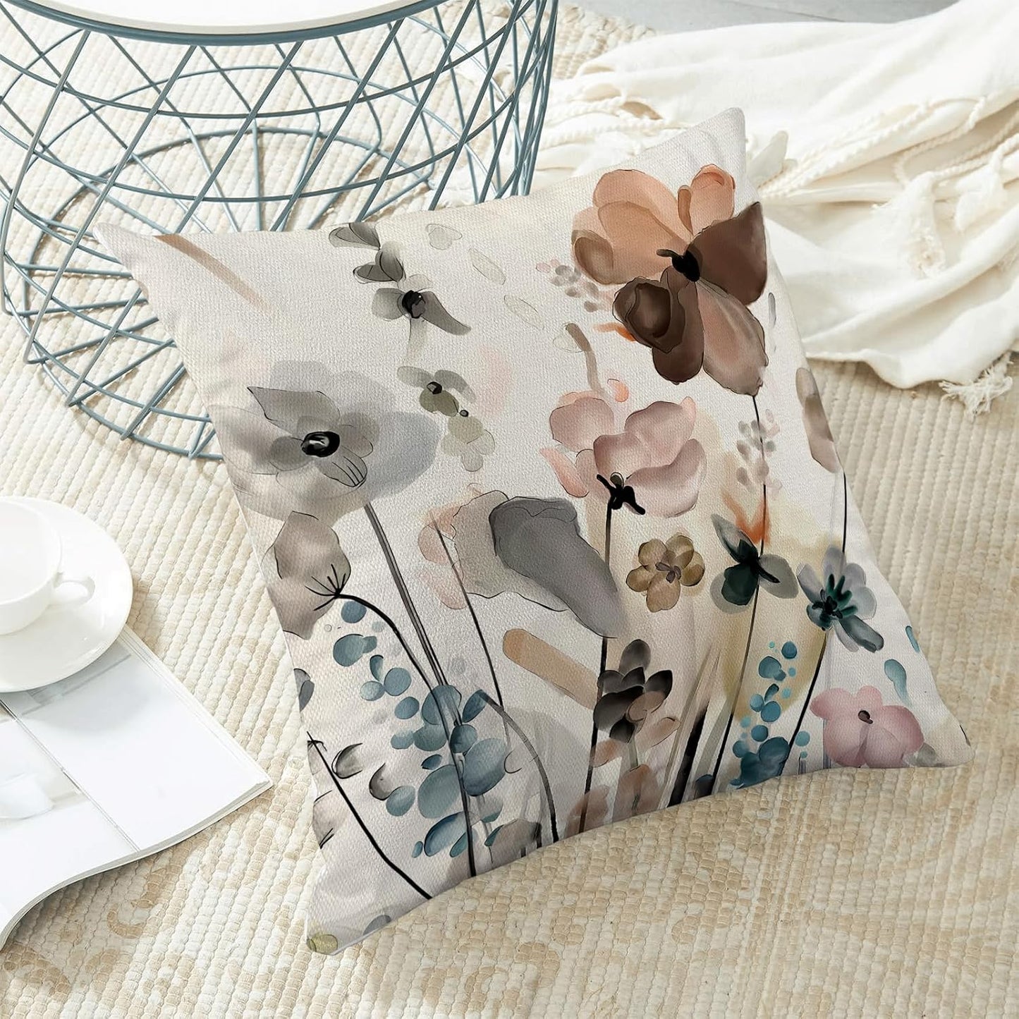 CXMEIFLY Spring Floral Pillow Covers 18 x 18 Inch Set of 2 for Watercolor Flowers Decor Throw Pillows Teal Brown Leaves Plant Floral Outdoor Decorative Cushion Cases for Couch Bed Decorations