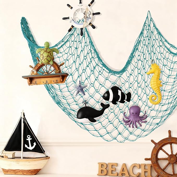 1 Pack Decorative Fishing Net, Patioland 5x10 ft Large Aqua Fish Net Decor for Wall, Photo Display, Nautical Mermaid Pirate Ocean Themed Beach Hawaii Under the Sea Party Decorations