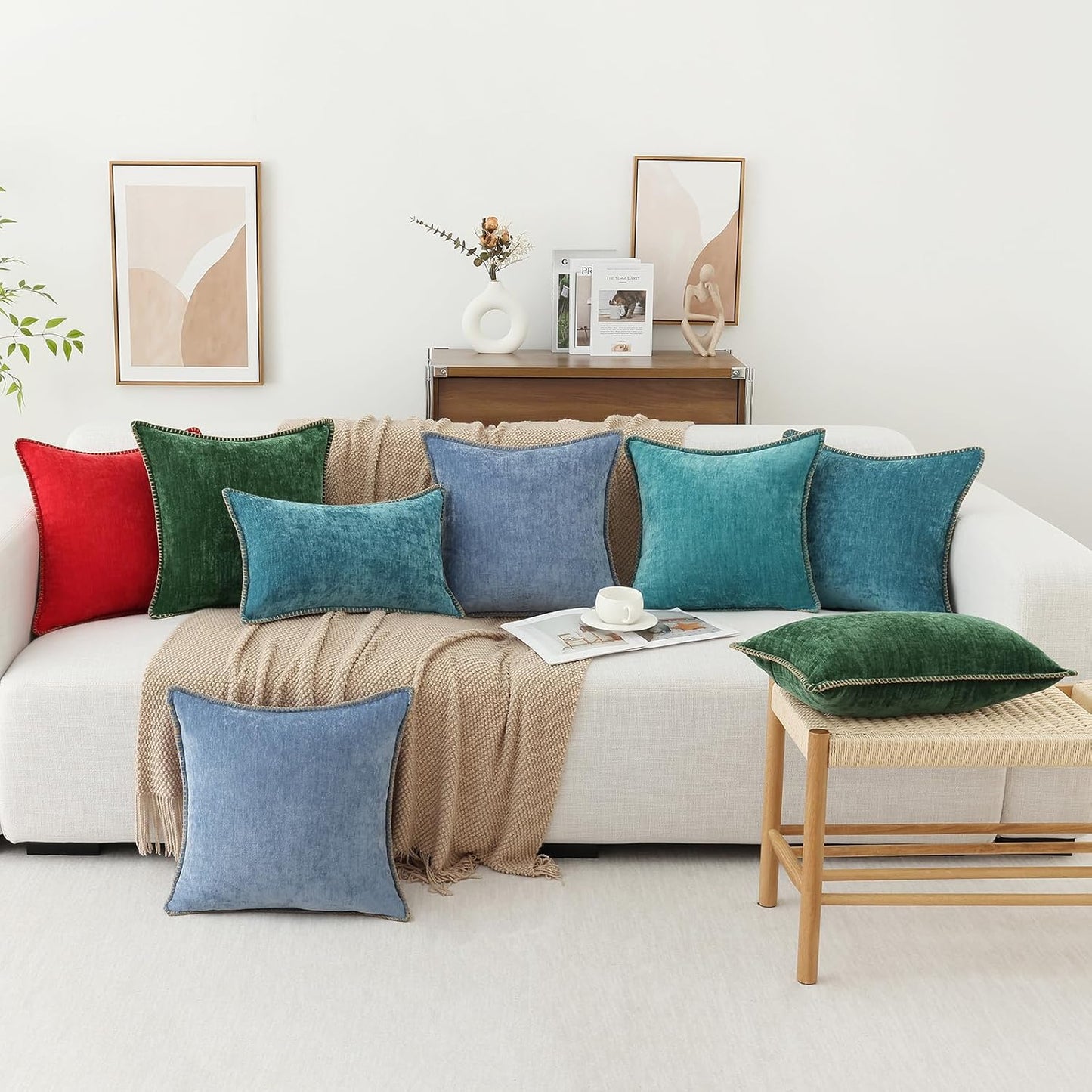 decorUhome Chenille Soft Throw Pillow Covers 20x20 Set of 2, Farmhouse Velvet Neutral Decorative Euro Pillow Covers with Stitched Edge for Couch Sofa Bed Home Decor, Red