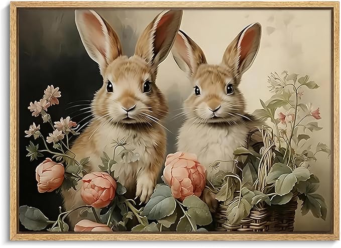 Easter Bunny Wall Art Poster, Two Adorable Rabbits with Flower Basket Picture Prints, Rustic Farmhouse Canvas Artwork, Vintage Holiday Wall Decor for Kids Room Bedroom Living Room 8x10in Unframed