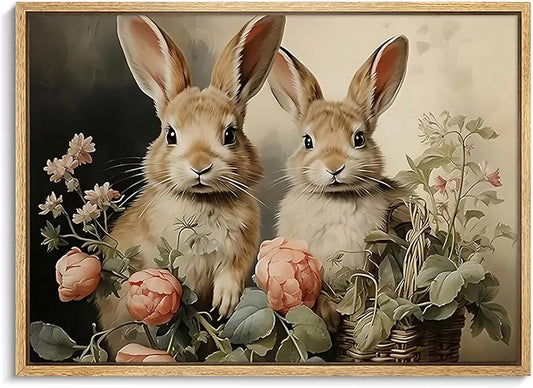 Easter Bunny Wall Art Poster, Two Adorable Rabbits with Flower Basket Picture Prints, Rustic Farmhouse Canvas Artwork, Vintage Holiday Wall Decor for Kids Room Bedroom Living Room 8x10in Unframed