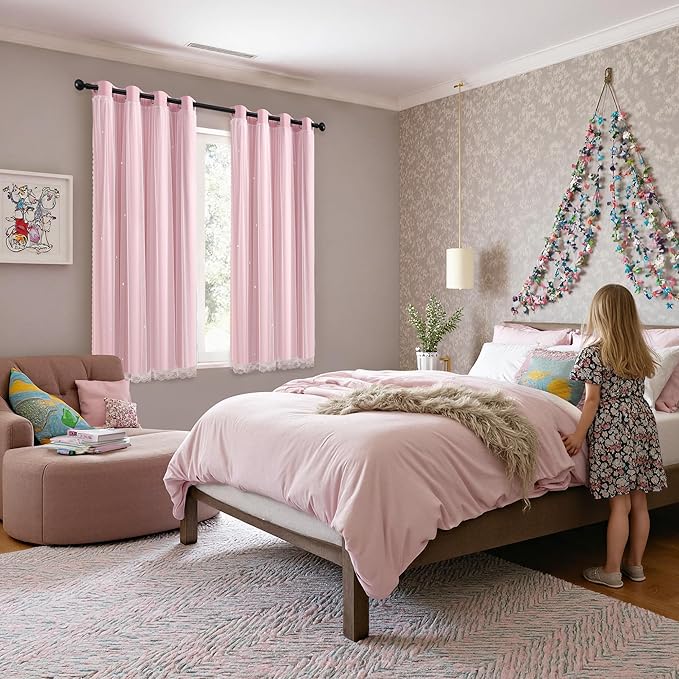 XiDi Light Pink Blackout Curtains for Girls Bedroom Living Room 63 Inches Long 2 Panels Hollow Star Nursery Kids Thermal Insulated Room Darkening Drapes Grommet Noise Reducing Window Curtains 34x63
