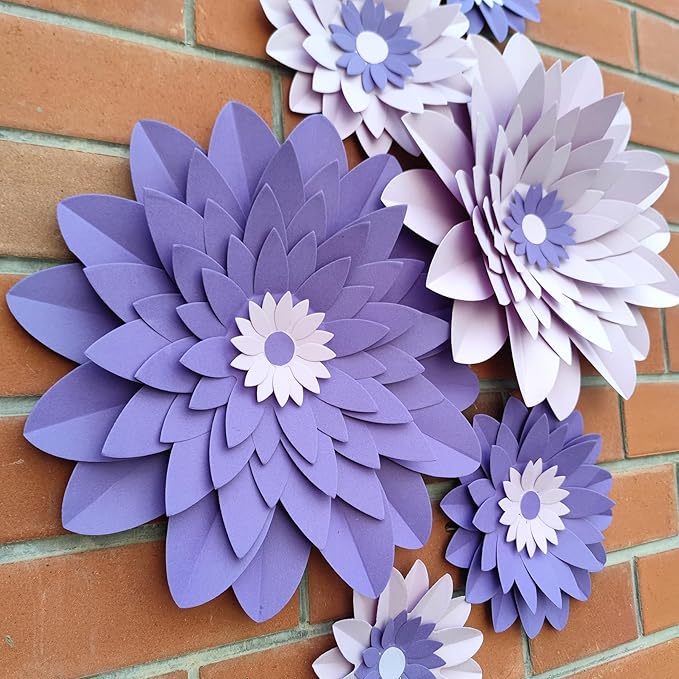 Purple Paper Flower (12''-5'' Assorted) for Wall Backdrop Wedding Mermaid Birthday Baby Shower Purple Party Decor Pack of 6