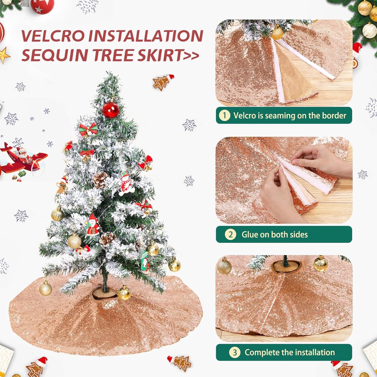 Rose Gold Christmas Tree Skirt 24 Inches Sequin Tree Skirt Small Tree Skirt for Christmas Decorations