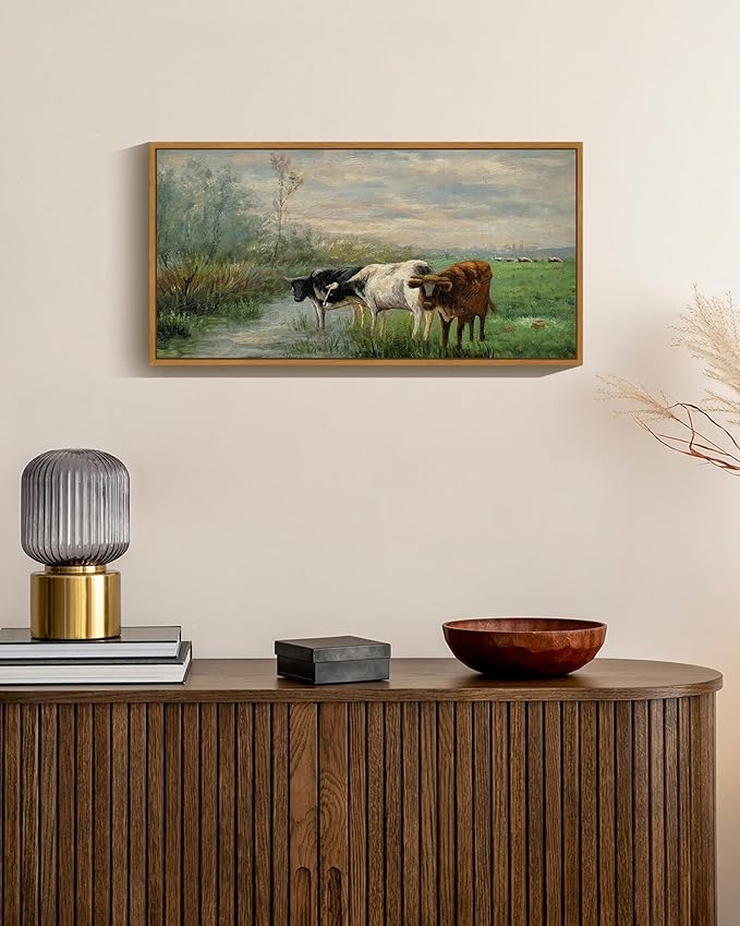 SHENIFY Vintage Framed Wall Art Cow Farm Landscape Painting Retro Meadow Scenery Farmhouse Kitchen Living Room Decor - 8x16in Natural Framed
