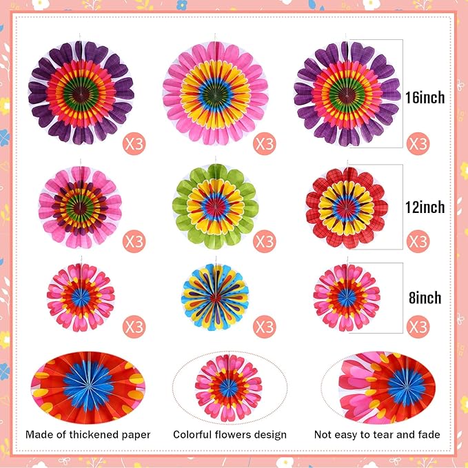 Outus Flower Hanging Decorations Fall Paper Fans Classroom Ceiling Wall Decor Colorful Bloom Paper Fan for Wedding Birthday Birthday Party Supplies(9 Pcs,Spring Flower)