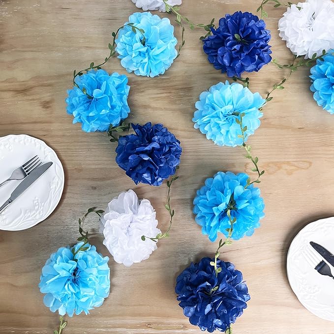 Blue White Party Decorations Ombre Blue Tissue Paper Flowers Pom Pom with Leaf Ribbon Hanging Garland Streamer for Birthday Baby Shower Wedding Under The Sea Nautical Ahoy Achor Party Supplies