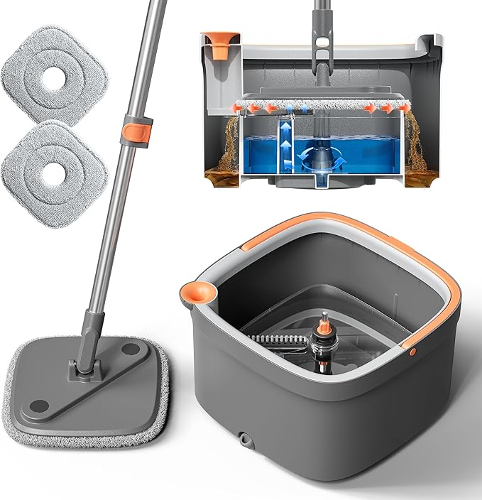 KZKR Spin Mop and Bucket Set with 2 Replaceable Microfiber Mop Pads with Self Separation Dirty and Clean Water System, Self Wringing 360° Rotating Square Mop Head for Hardwood Tile Marble Floors