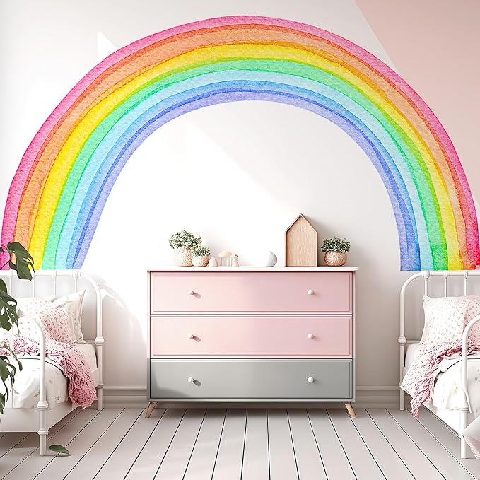 Large Watercolor Rainbow Wall Decals, Colorful Peel and Stick Vinyl Nursery Wall Decor, Removable Home Room Wall Decor Murals Stickers for Kids Girls Toddler Bedroom Living Room Playroom