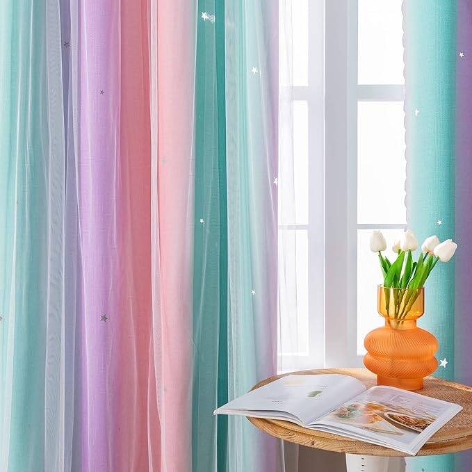 XiDi Curtains for Bedroom Decor, Rainbow PinkPuGreen-34-45