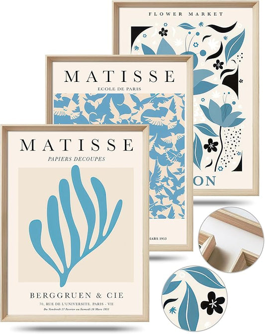 KensTro Framed Wall Art,Matisse Wood Canvas Blue Wall Art,12"x16" Cotton Pattern Vintage Poster Wall Decor Aesthetic for Living Room Bedroom,12x16in Henri Matisse Minimalist Wood Frame Prints,Set of 3