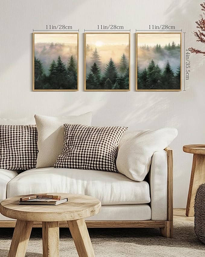 Drsoum Green Fog Pine Tree Landscape Wall Art Framed Nature Misty Nordic Forests Prints Morden Farmhouse Rustic Artwork Hallway Bedroom Ready to Hang 11x14in Natural Framed