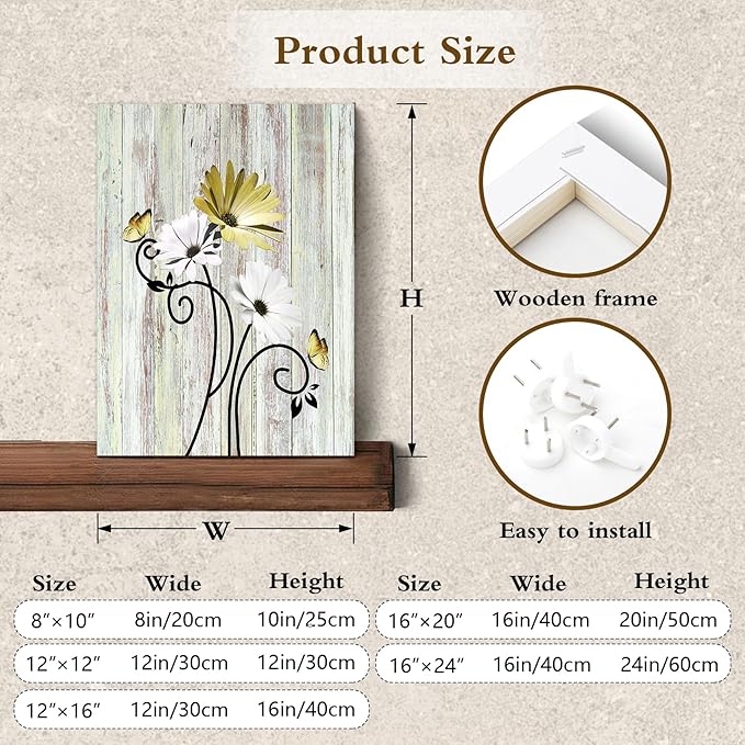 HVEST Farmhouse Yellow Daisy Wall Art Rustic Yellow Floral and Butterfly Vintage Wall Art for Bathroom Living Room Bedroom Kitchen Decor Ready to Hang, 20Lx16W Inches