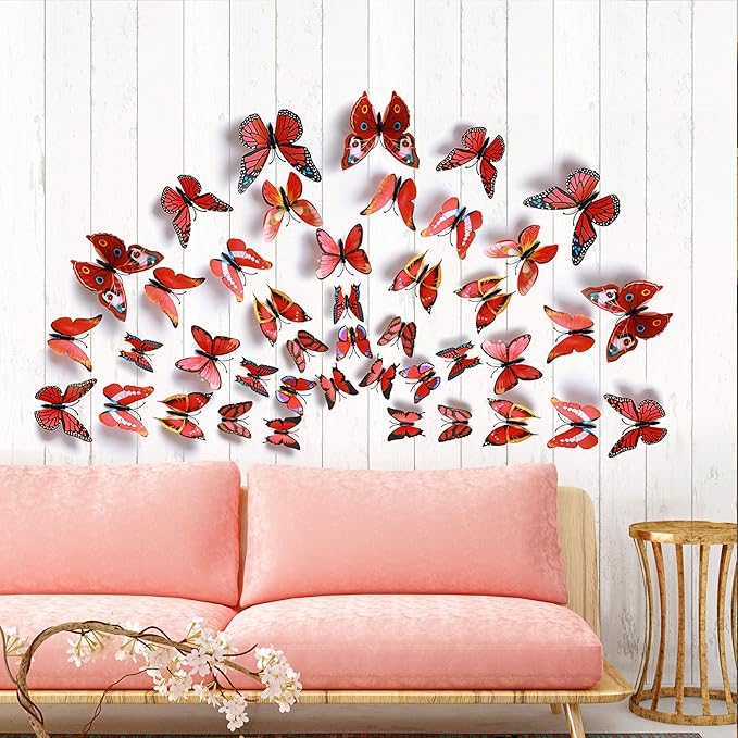 24pcs 3D Vivid Special Man-Made Lively Butterfly Wall Stickers Removable Butterflies Wall Decals 3D Nursery Art Decor for Kids Girls Bedroom Living Room Classroom Party Decoration Red