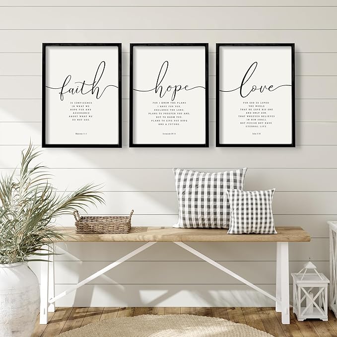 Houmury Set of 3 Framed Farmhouse Bible Verses Wall Decor Sign 11”x14” Christian Faith Scripture Wall Art for Home Living Room Bedroom Wall Decor (11"x14" Black)