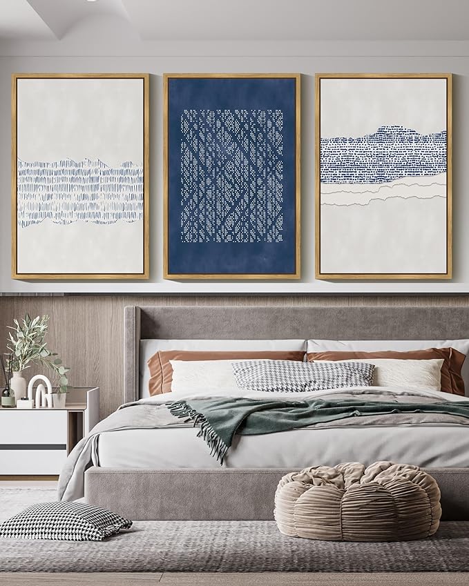 Drsoum Blue Abstract Boho Framed Wall Art Large 24x36in Minimalist Mid-Century Modern Wall Decor Geometric Artwork Kitchen Dining Room Black Framed