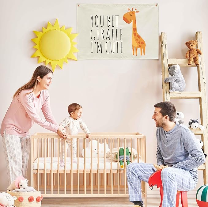 Nursery Canvas Rectangular Banner-Hanging Flag Sign for Baby Boy Girl Kids Teen,Bedroom Reading Room Playroom Decoration, Baby Shower Birthday Christmas Gift-You Bet Giraffe I’m Cute