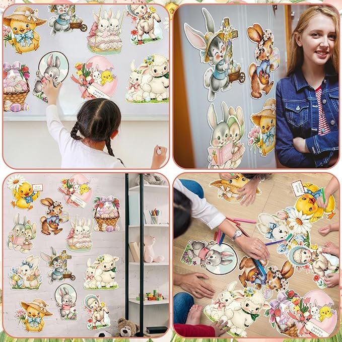 12 Pcs Large Vintage Easter Cutouts Watercolor Double Sided Printing Happy Easter Paper Cuts Spring Rustic Farmhouse Bunny Rabbit Egg Cutout for Party Baby Shower Birthday Classroom Wall Decor
