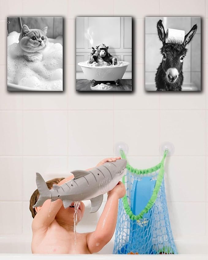 KensTro Funny Bathroom Wall Art Decor,12" x 16" Framed Canvas Bathroom Wall Art Picture,Black and White Chimpanzee in Bathtub Bathing Wall Art Animal Abstract Prints,Wall Decor for Bedroom,1Pack Gift