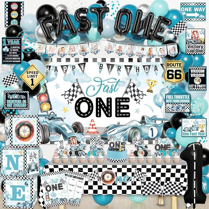 Mpanwen Fast One Birthday Decorations for Boys, 143Pcs Race Car Racing 1st Party Decor Supplies for Baby - Banner, Cake Toppers, Balloons, Tablecloth, Centerpieces, Crown, Poster, Boxes, Wall Signs