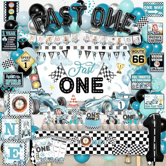 Mpanwen Fast One Birthday Decorations for Boys, 143Pcs Race Car Racing 1st Party Decor Supplies for Baby - Banner, Cake Toppers, Balloons, Tablecloth, Centerpieces, Crown, Poster, Boxes, Wall Signs