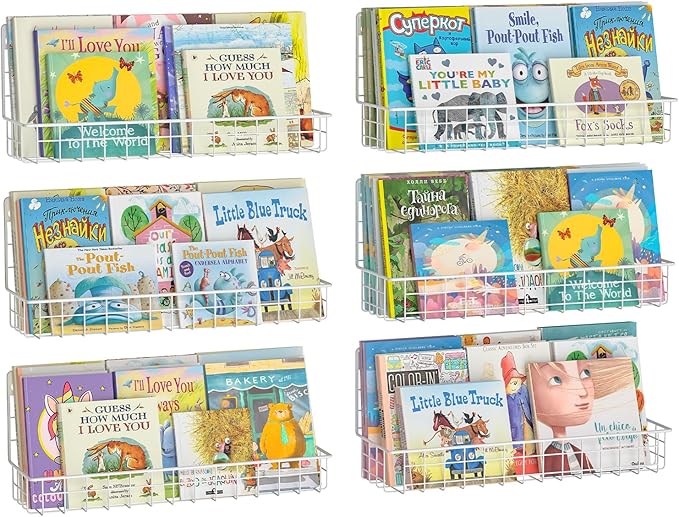 6-Pack White Floating Nursery Book Shelves , Metal Wall Mounted Storage book Shelves for Kids Bedroom, Toddler Room, Baby Nursery Decor, Space-Saving Display Shelves for Books & Toys - 2 Sizes