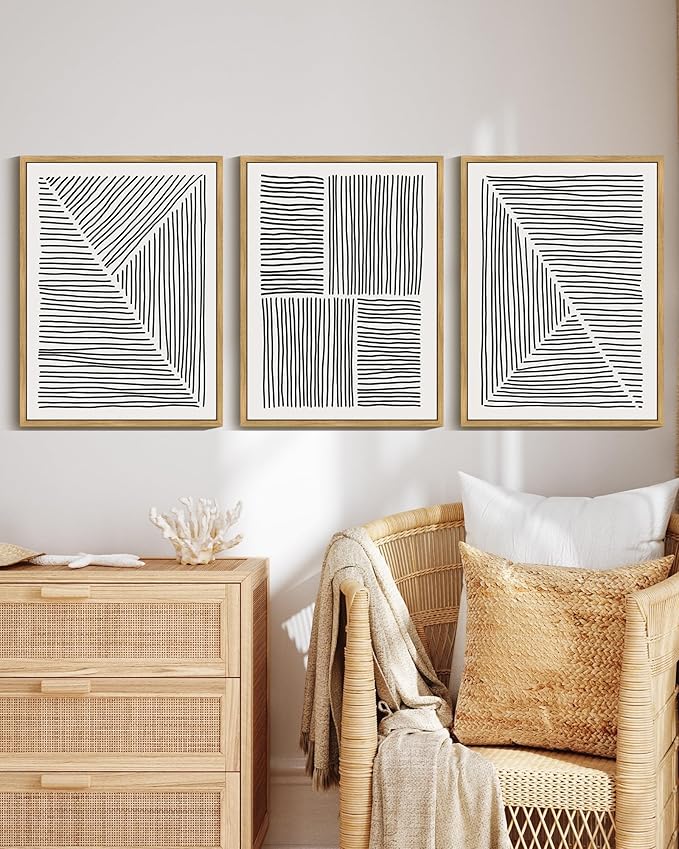 Drsoum Mid-Century Modern Framed Wall Art Minimalist Abstract Boho Black Line Wall Decor Geometric Artwork Kitchen Dining Room 11x14in Natural Framed