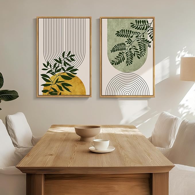 Large Framed Green Boho Wall Art for Living Room, Set of 2 Botanical Geometric Artwork for Walls, Bohemian Modern Neutral Canvas Painting Prints for Bedroom Office Kitchen Hallway Wall Decor, 24x36 In