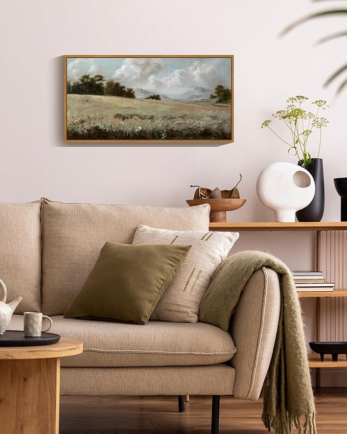 SHENIFY Vintage Framed Wall Art Rustic Grassland Meadow Landscape Painting Retro Wilderness Scenery Farmhouse Kitchen Living Room Decor - 8x16in Natural Framed