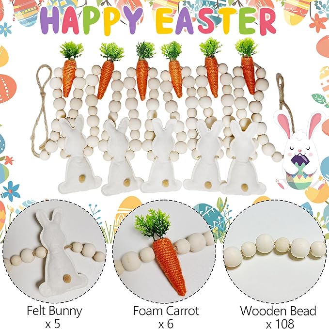 6.5FT Easter Decorations Bunny Carrot Garland - Handmade Felt Bunny Carrot Spring Garland Decoration for Mantle Fireplace Wall - Rustic Hanging Easter Banner for Inside Home Farmhouse Indoor Decor
