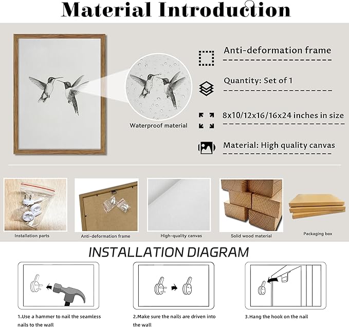 Vintage Wall Art Framed Hummingbird Canvas Print, Modern Farmhouse Birds Wall Decor, Living Room Sketch Painting Picture, Minimalist Black and White Bird Bedroom Decor – 12x16 inch