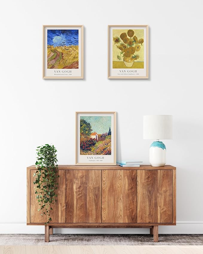 HesenDot Van Gogh Framed Wall Art Set of 3, 12x16 Inch Canvas Prints, Wheatfield, Sunflowers, Landscape Paintings, Vintage Artwork Posters Home Decoration for Living Room Bedroom Gallery Office