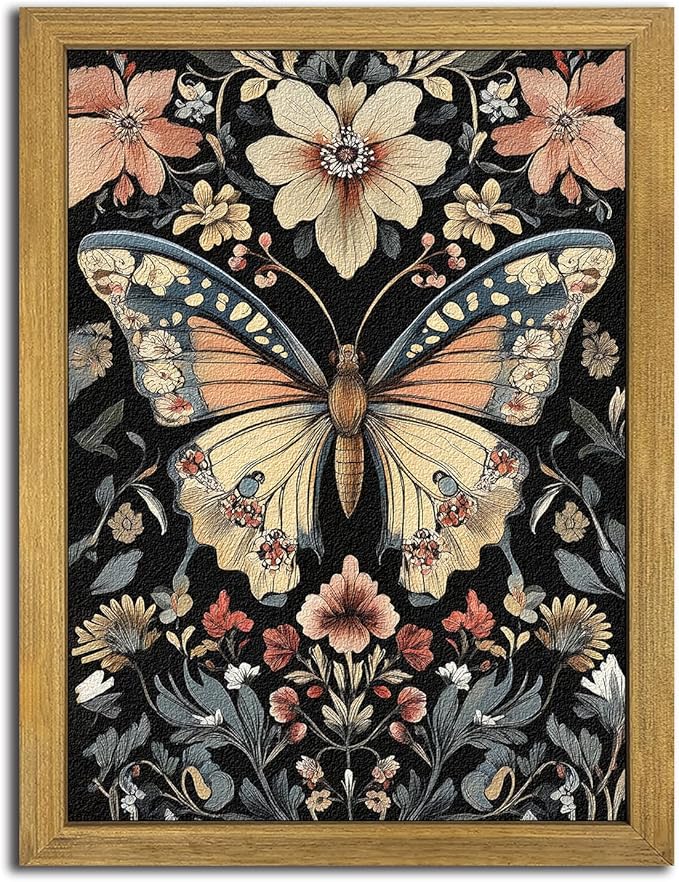 Hand Drawn Sandstone Nature Floral Wall Art, Framed Vintage 3D Textured Butterfly Wall Decor, Gothic Style Flower Insect Print Painting for Living Room Bedroom Home Decor 16x24 inch