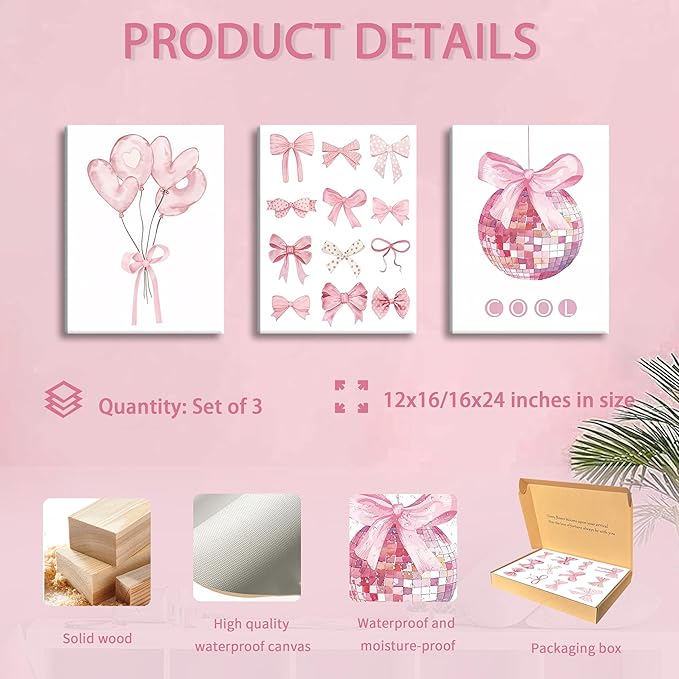 Preppy Pink Bow Canvas Wall Art, Trendy Bows Coquette Room Wall Decor Paintings, Pink Girly Disco Aesthetic Posters Prints Pictures for Girls Dorm Bedroom 12x16 Inch Framed